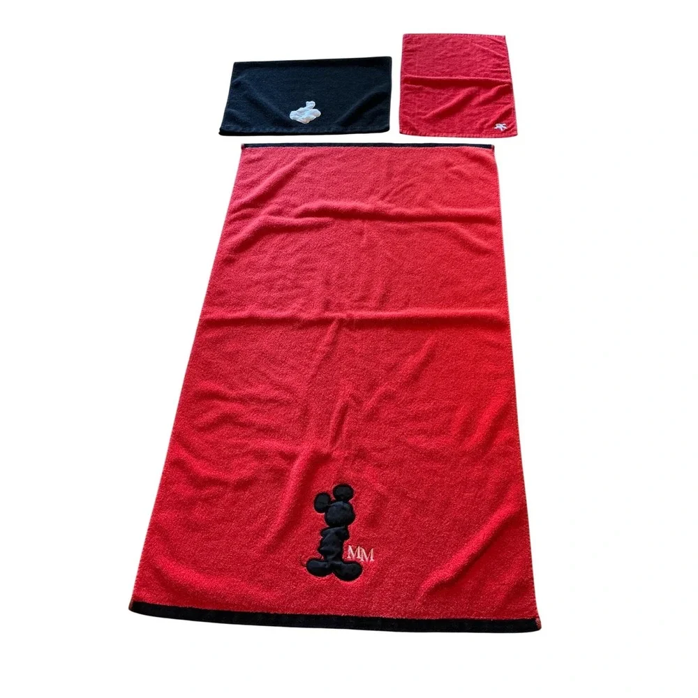 Disney Mickey Mouse 3 Piece Towel Set Red Black Bath Hand Towel Washcloth MM